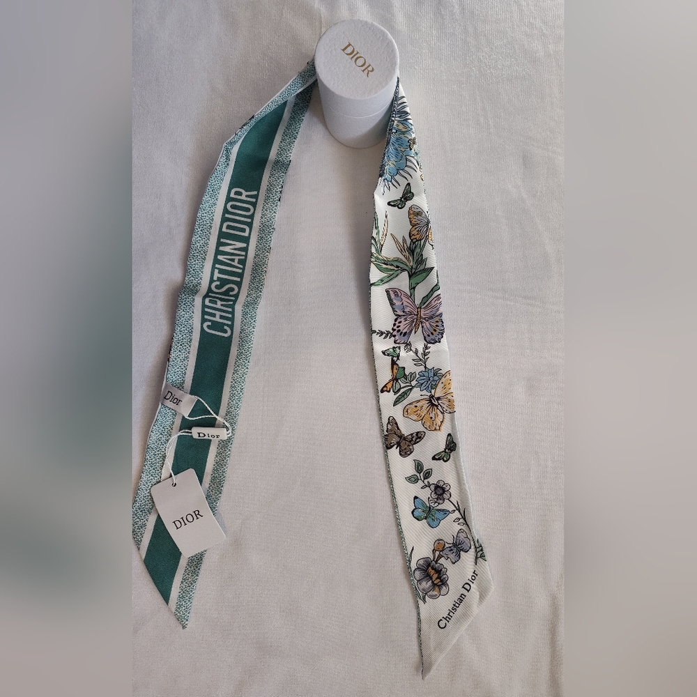 Christian Dior Mitzah Twilly Butterfly Floral Silk Scarf Skinny Bandeau NWT NIB - Picture 2 of 7